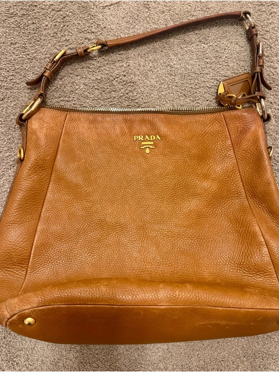 Prada Handbags - Prada Cognac Pebbled Leather Hobo with Gold Hardware